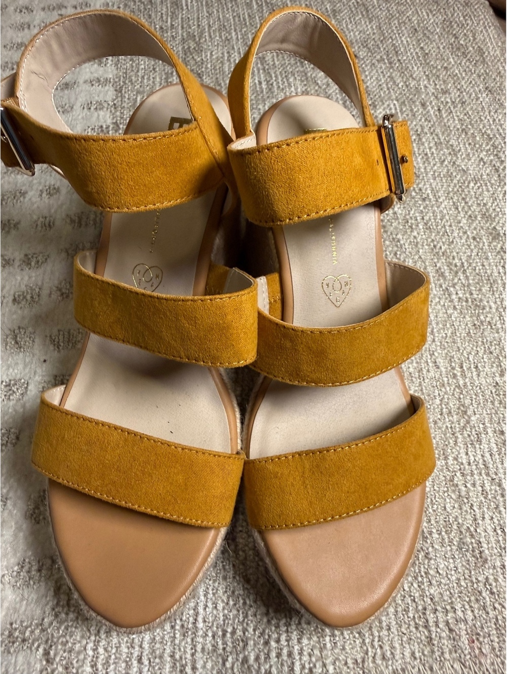 BC Footwear Mustard Yellow Suede Wedge Sandals Size 7